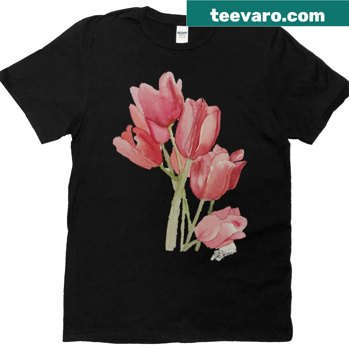 Hand-painted watercolor tulips on a stylish T-shirt — on a men's t-shirt