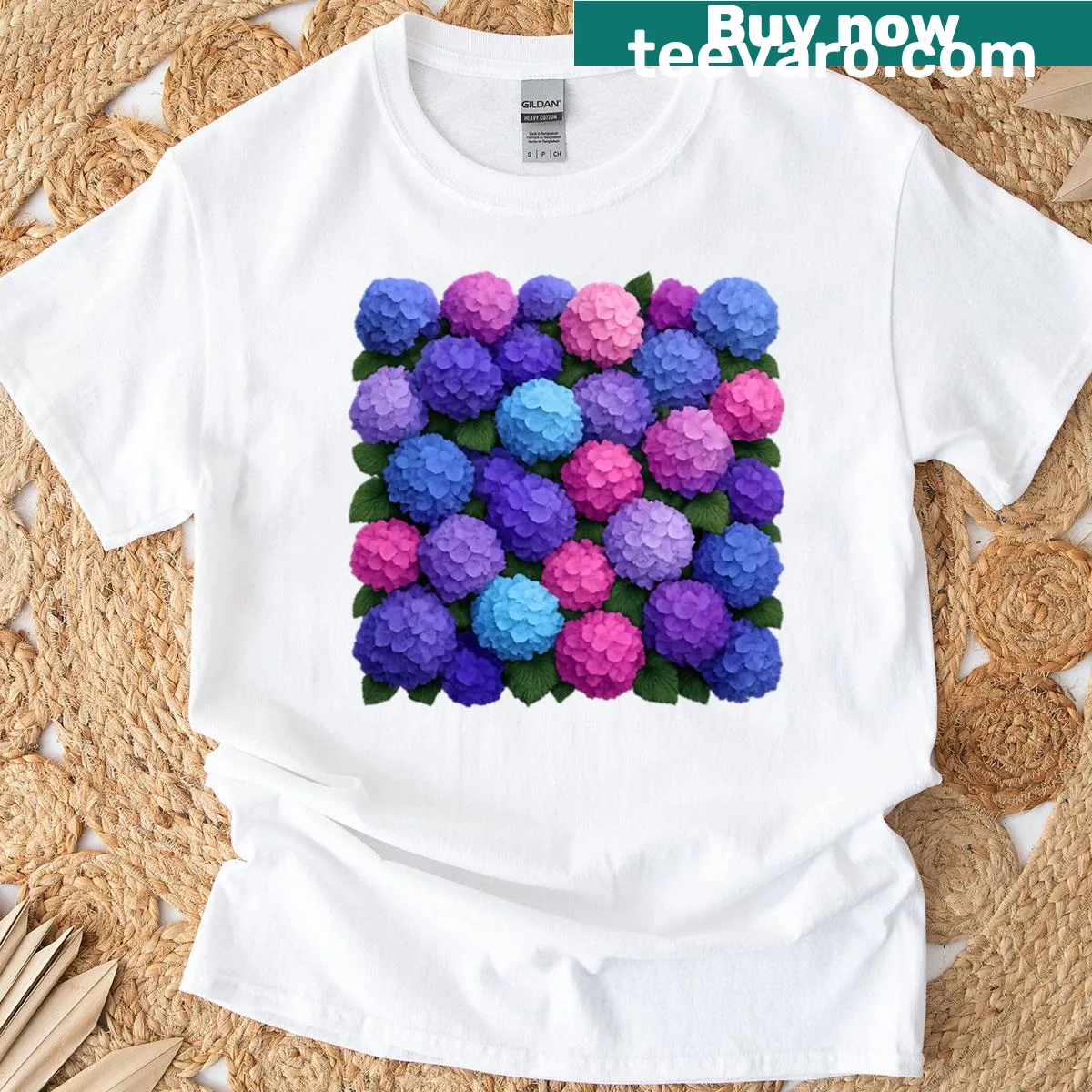Illustrated T-shirt featuring beautiful hydrangeas in a maximalist style. — on a men's t-shirt