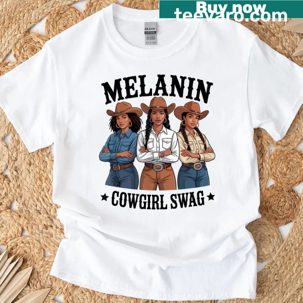 Illustrative T-shirt representing a melanin cowgirl in Juneteenth spirit