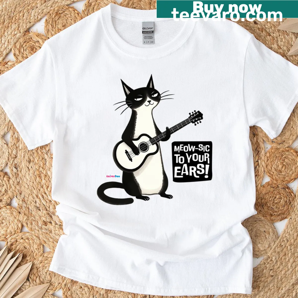 Playful cartoon T-shirt featuring cats and musical notes — on a men's t-shirt