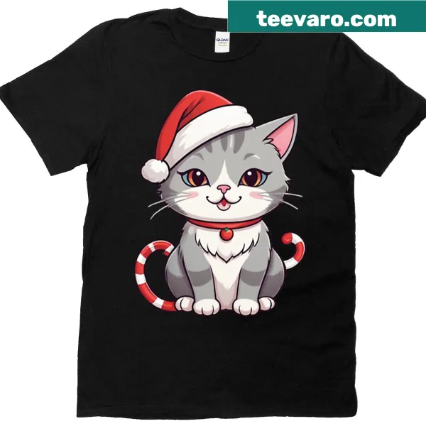 Cute cat in a Santa hat with candy cane on a festive t-shirt