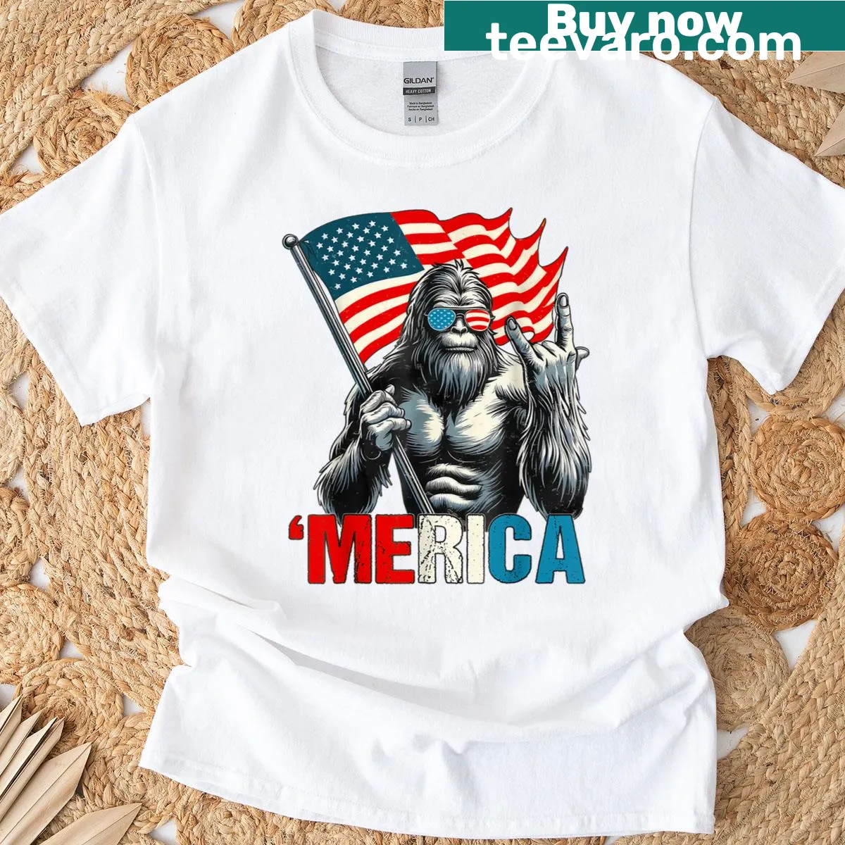 Bigfoot illustration with American flag for Fourth of July on a T-shirt. — on a men's t-shirt