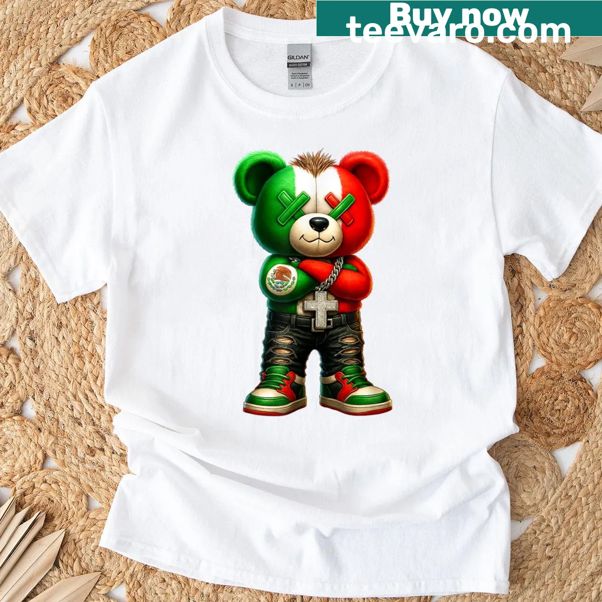 Whimsical bear illustration inspired by Mexican street art. — on a men's t-shirt
