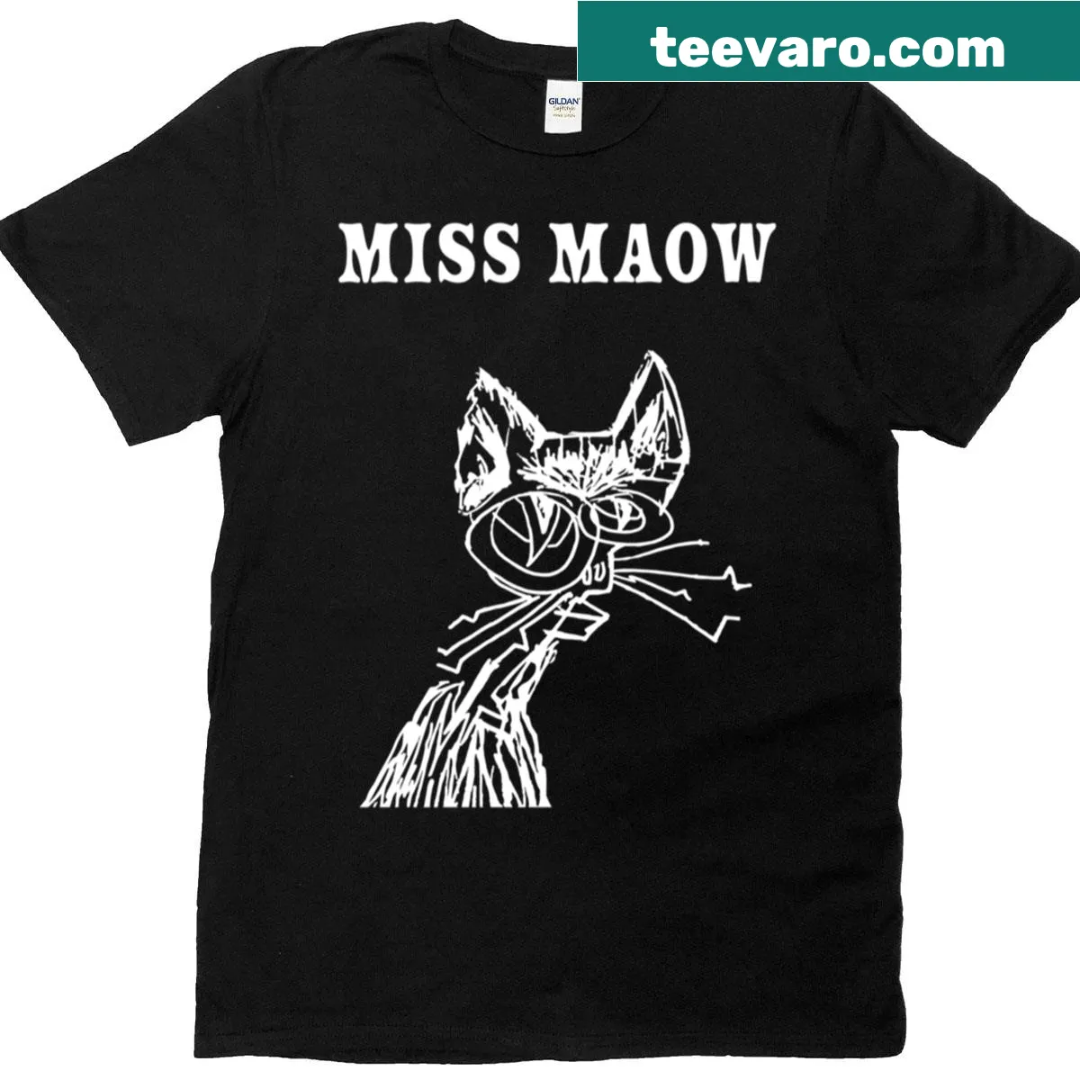 Illustration of Miss Maow cat character on t-shirt — on a men's t-shirt