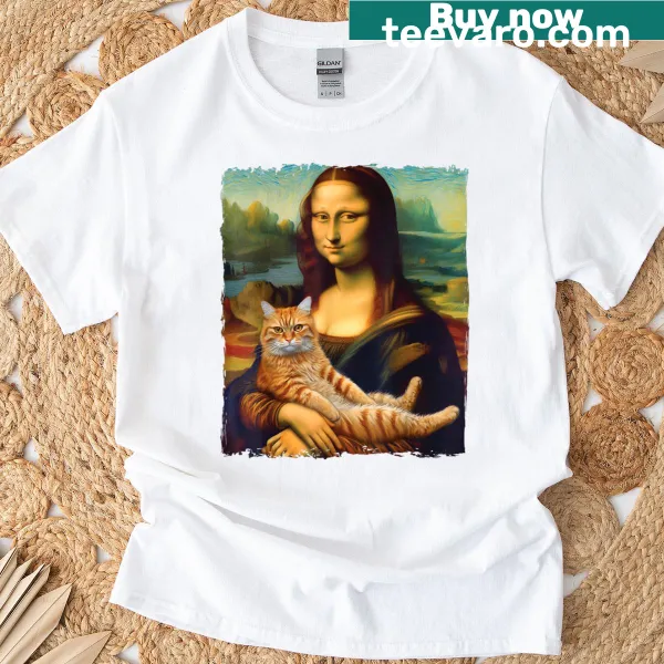 Cat illustration inspired by the Mona Lisa on a T-shirt.