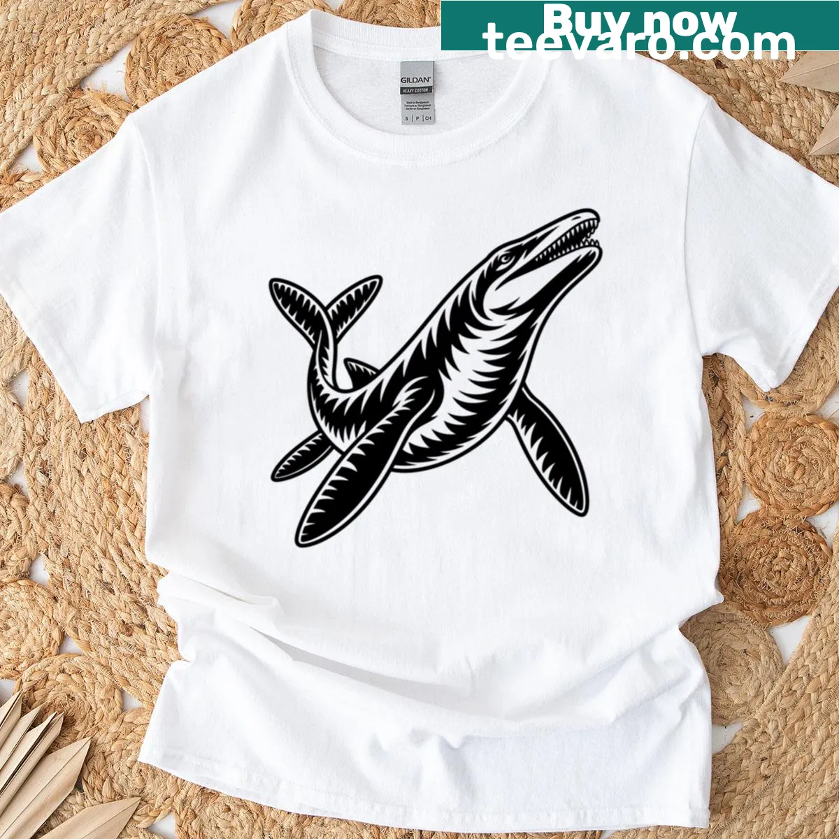 Cartoon Mosasaurus graphic T-shirt — on a men's t-shirt