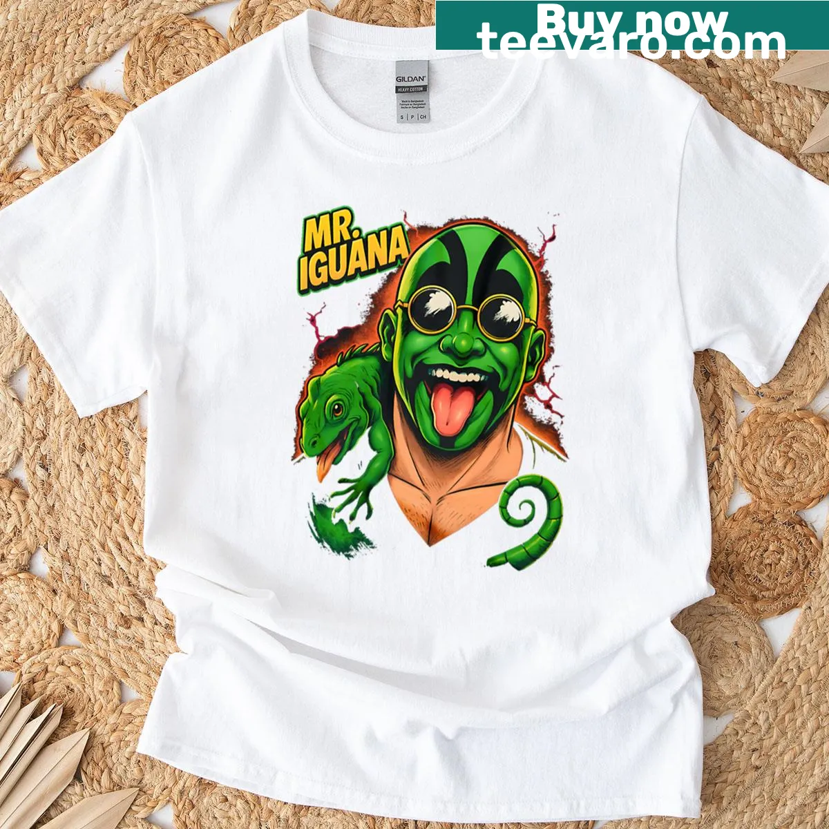 Playful iguana graphic T-shirt — on a men's t-shirt