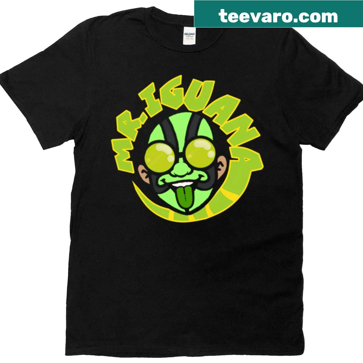 Mr Iguana logo on a fun men's T-shirt — on a men's t-shirt