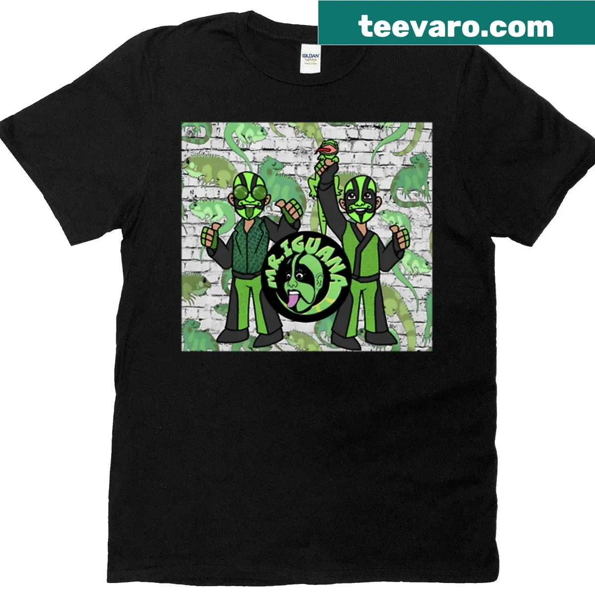 Mr Iguana pose illustration T-shirt — on a men's t-shirt
