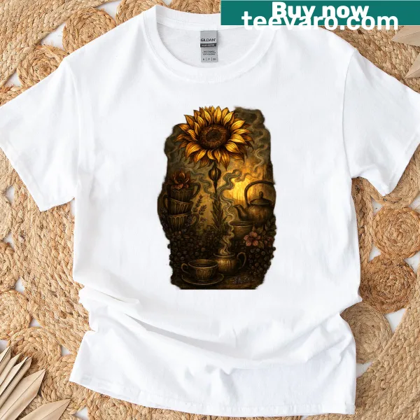 T-shirt depicting a steaming cup of coffee with a mystical design.