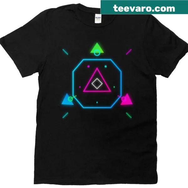 Futuristic geometric design T-shirt with neon cyberpunk elements