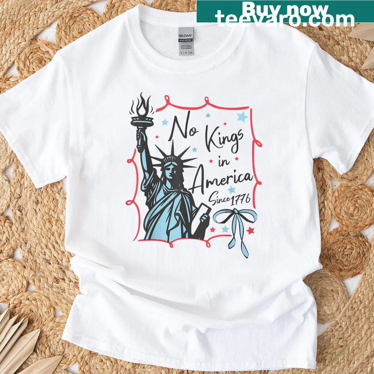 Patriotic t-shirt with the phrase 'No Kings In America' for Fourth of July. — on a men's t-shirt