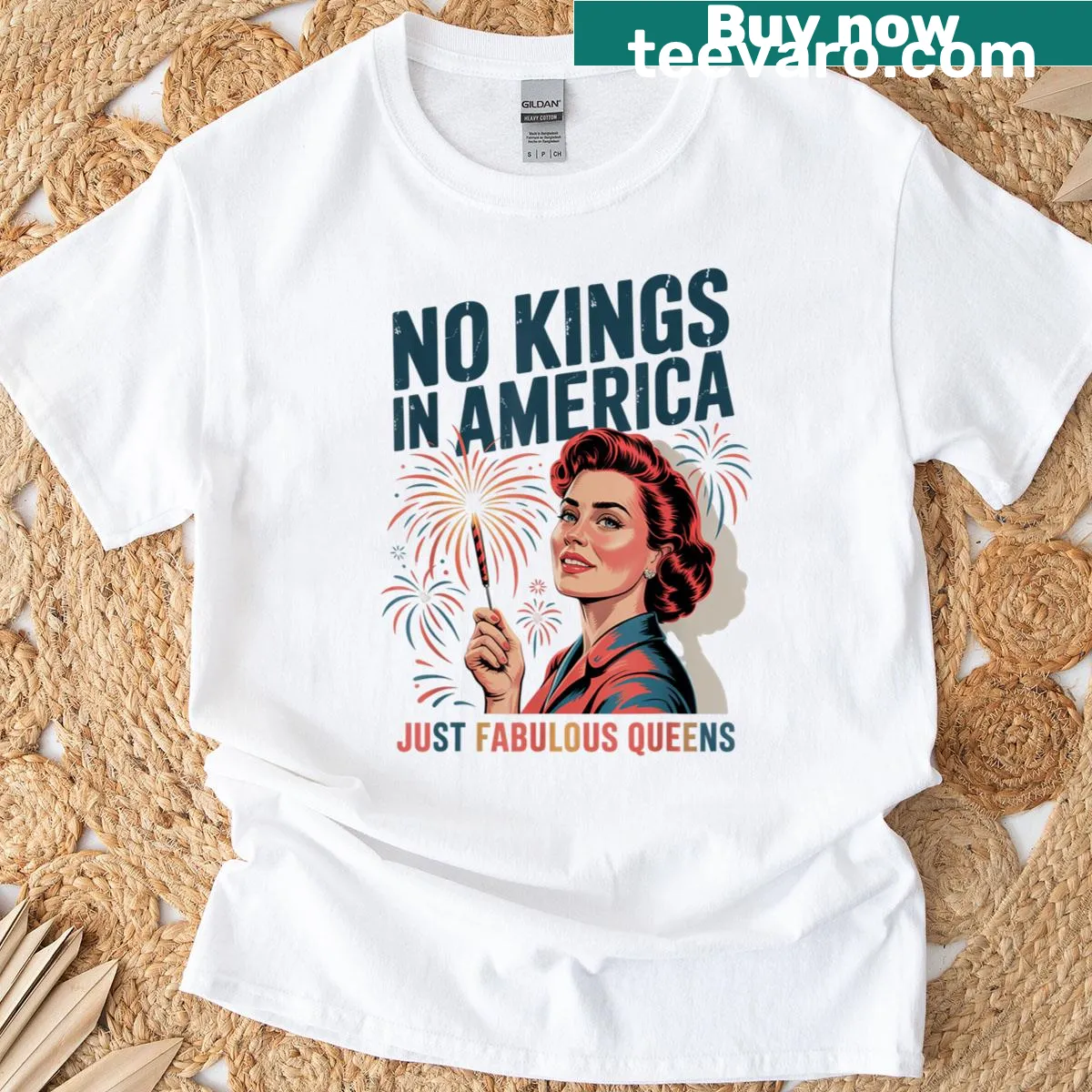 Pride Month t-shirt with the phrase No Kings In America Just Famulous Queens. — on a men's t-shirt