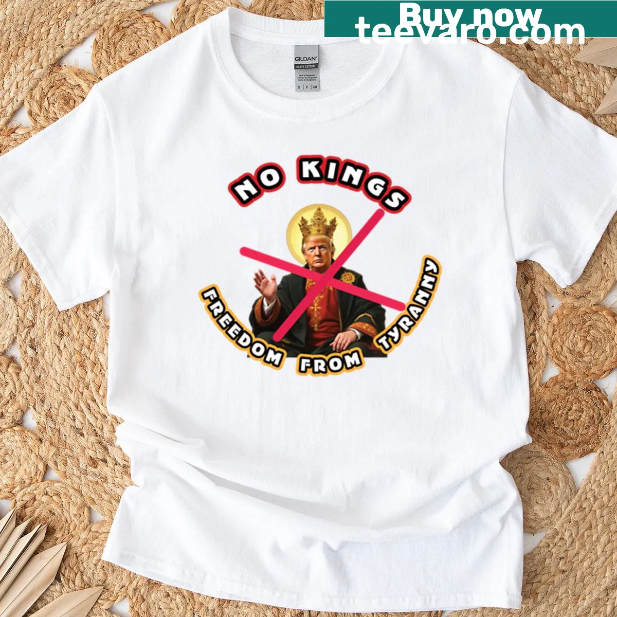 No Kings No Tyranny graphic t-shirt with bold text — on a men's t-shirt