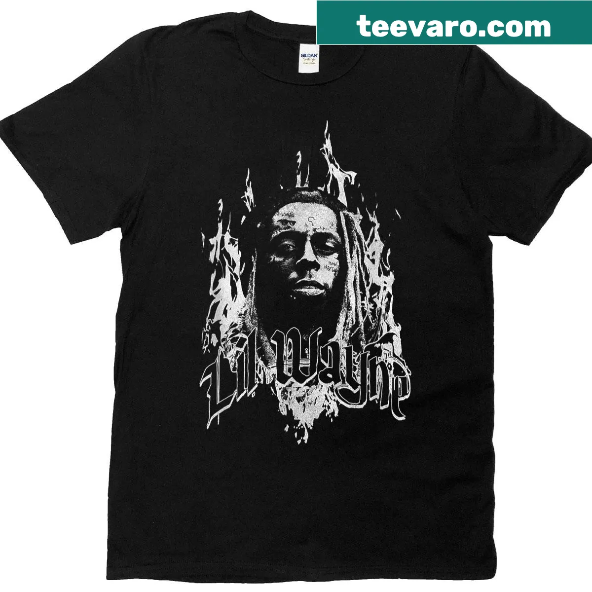 Lil Wayne T-shirt featuring flame graphics and bold text — on a men's t-shirt