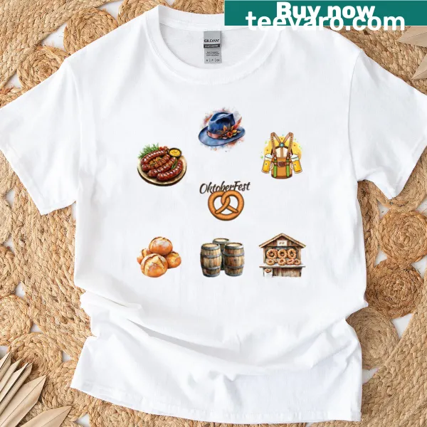 Festive t-shirt showcasing Oktoberfest illustrations, featuring food and drink.