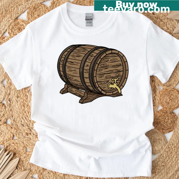 T-shirt with an illustration of an old barrel and tap