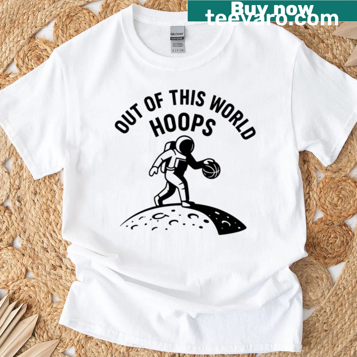 Astronaut graphic surrounded by basketball hoops on a T-shirt. — on a men's t-shirt
