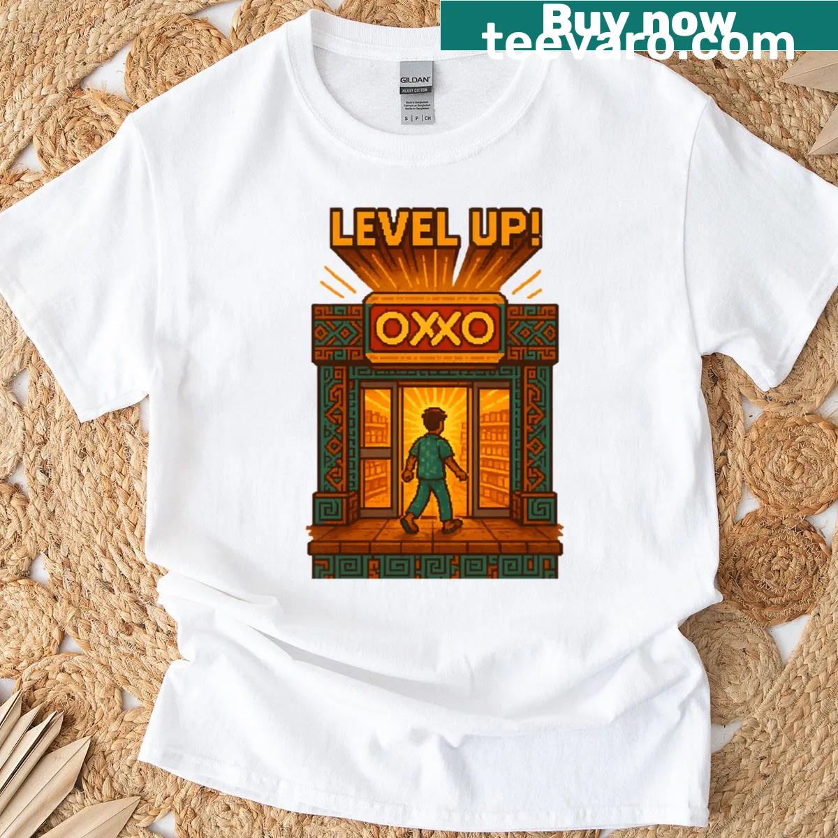 Graphic text Oxxo Snack Run Or Side Quest on a T-shirt — on a men's t-shirt
