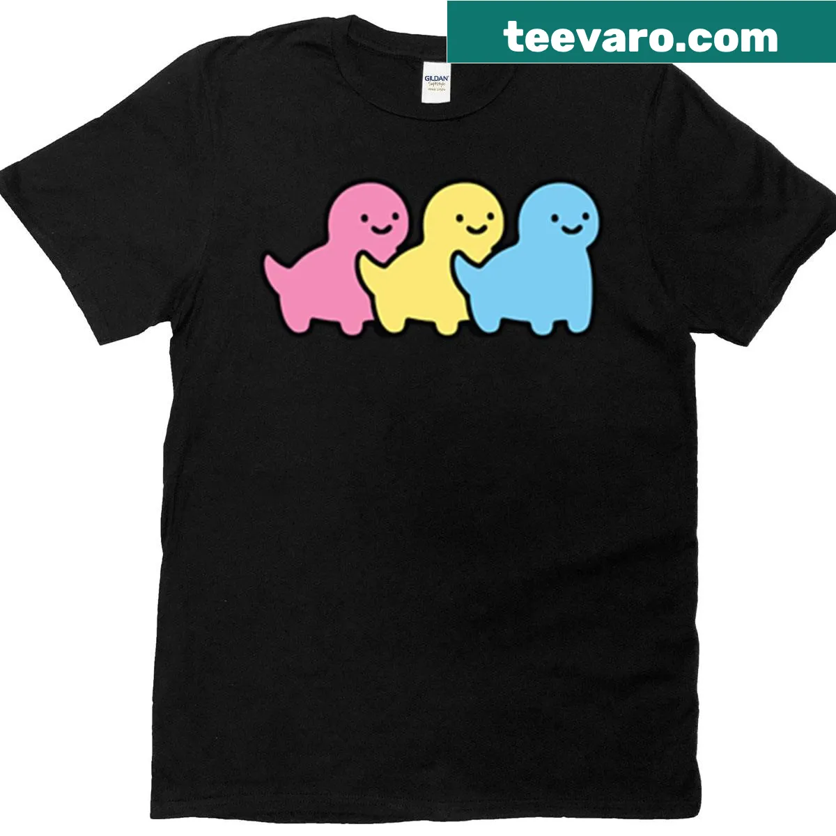 Cute cartoon chonky dinosaur with pansexual pride theme — on a men's t-shirt
