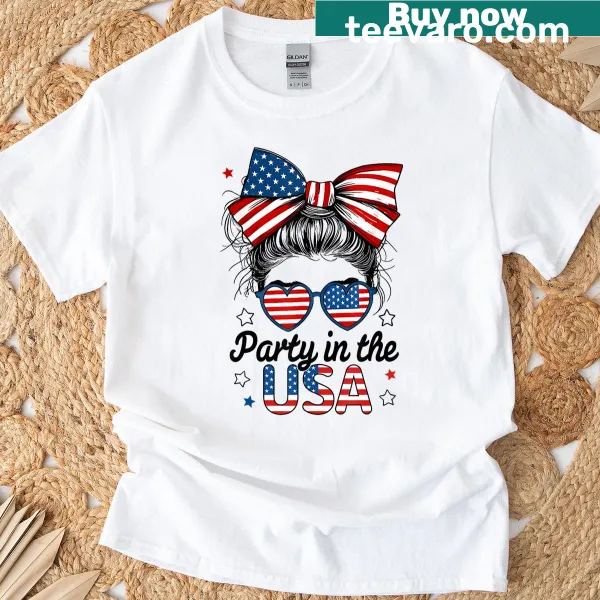 T-shirt featuring a girl with a messy bun celebrating Independence Day.