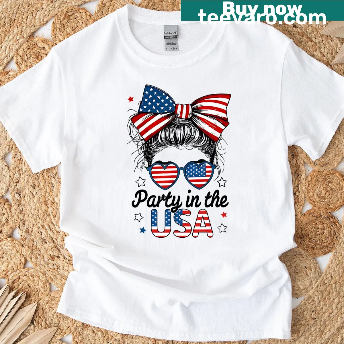 T-shirt featuring a girl with a messy bun celebrating Independence Day. — on a men's t-shirt