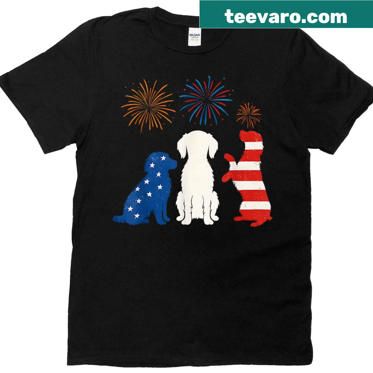Dachshund silhouette with American flag design for 4th of July — on a men's t-shirt