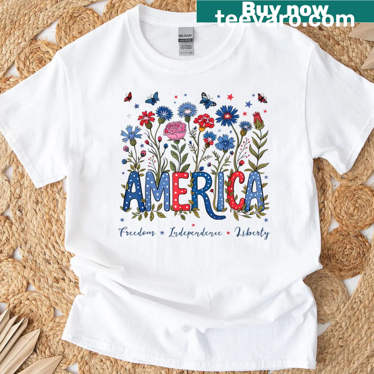 Vintage floral t-shirt celebrating Independence Day in America — on a men's t-shirt