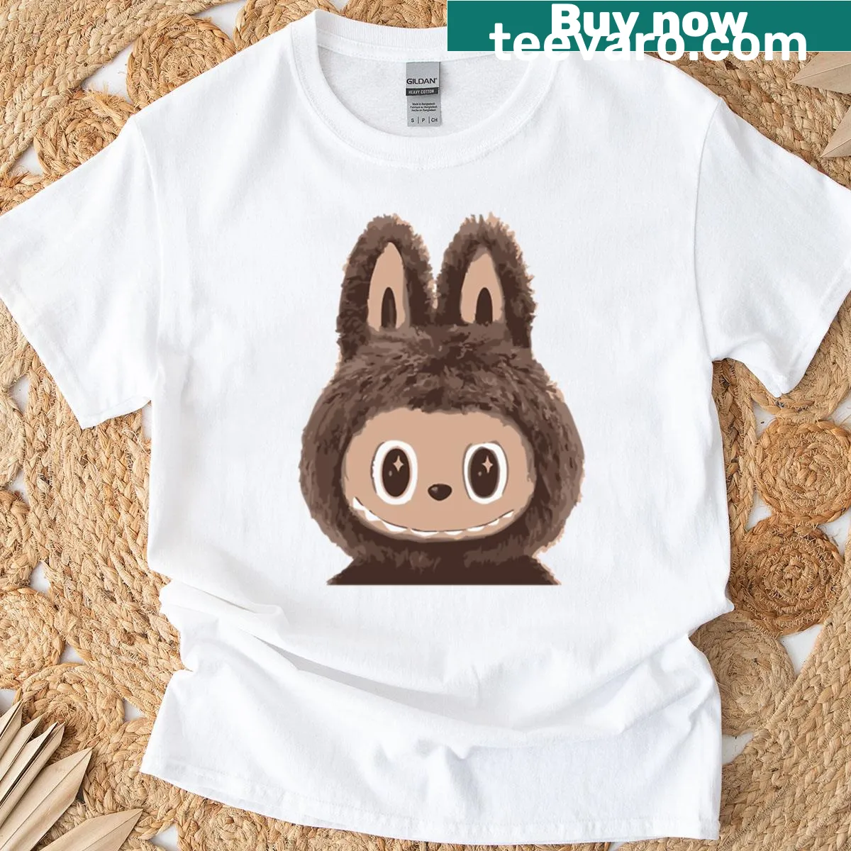 Adorable Labubu character peeking out on a T-shirt. — on a men's t-shirt