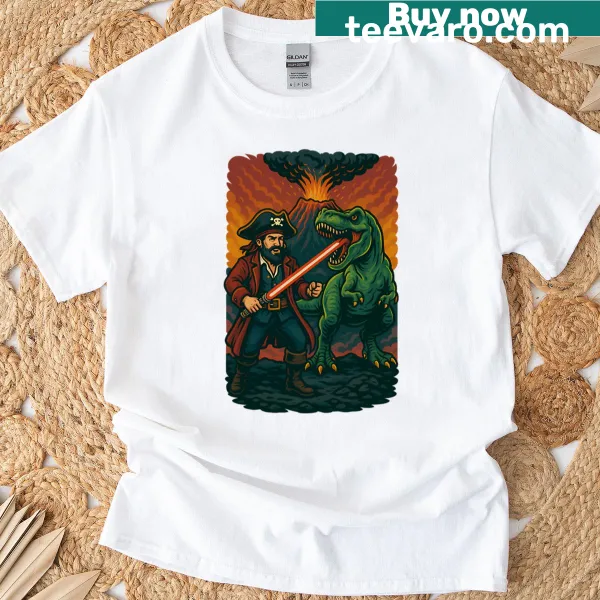 Funny T-shirt featuring a pirate with a lightsaber and T-rex