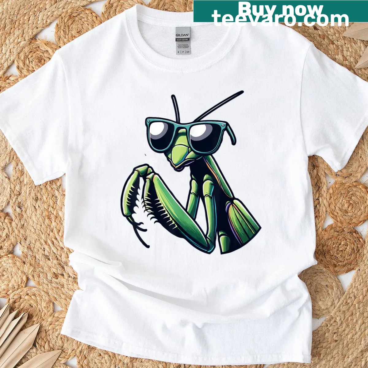 Cute cartoon praying mantis illustration on a T-shirt — on a men's t-shirt