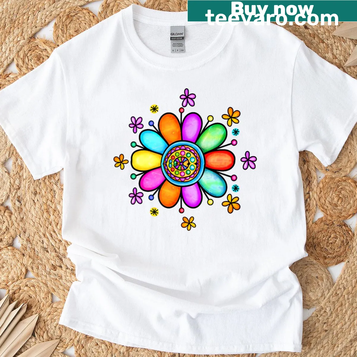 Boho hippie flower design T-shirt with colorful floral illustration. — on a men's t-shirt