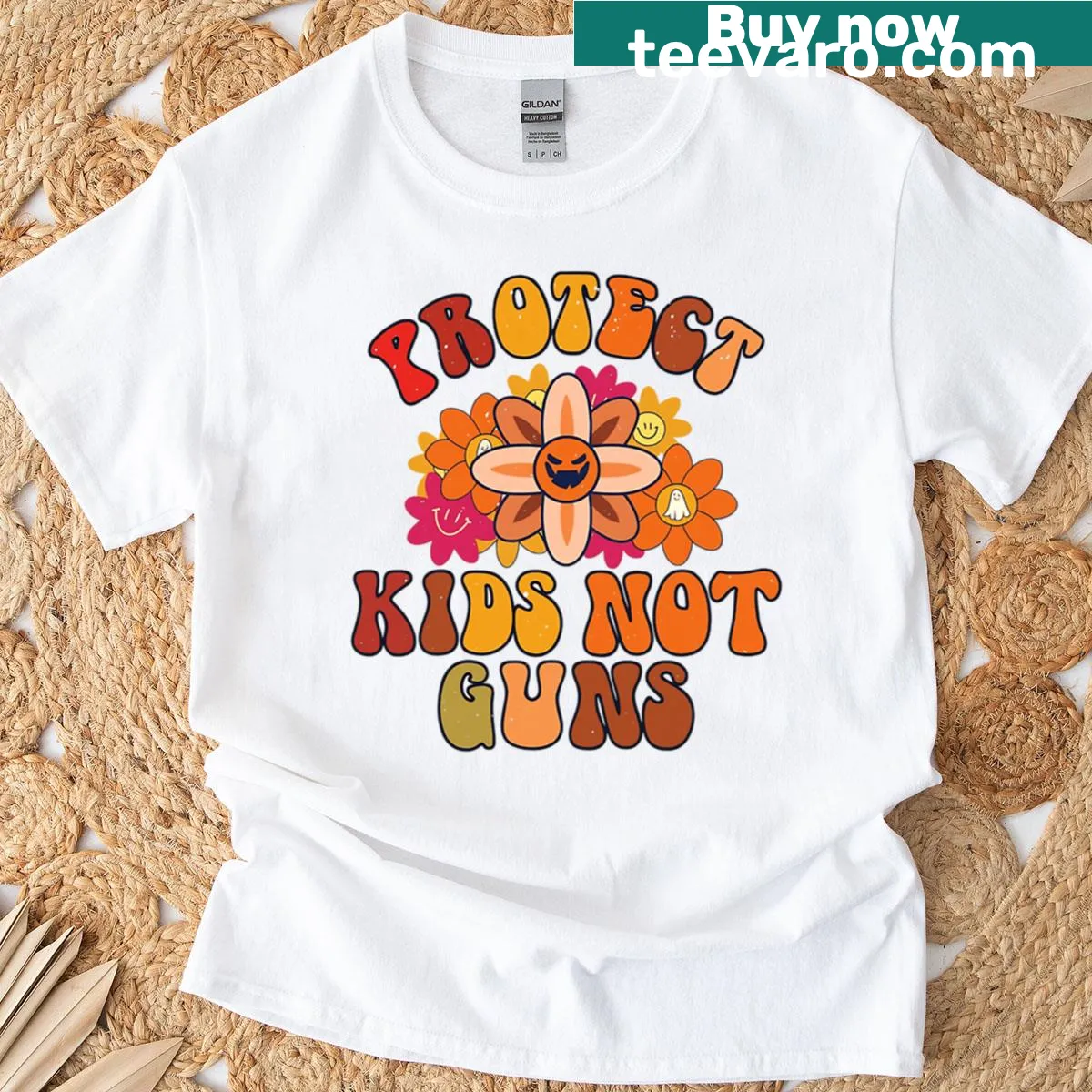Retro design with smiley sunflowers and anti-gun message on a t-shirt — on a men's t-shirt
