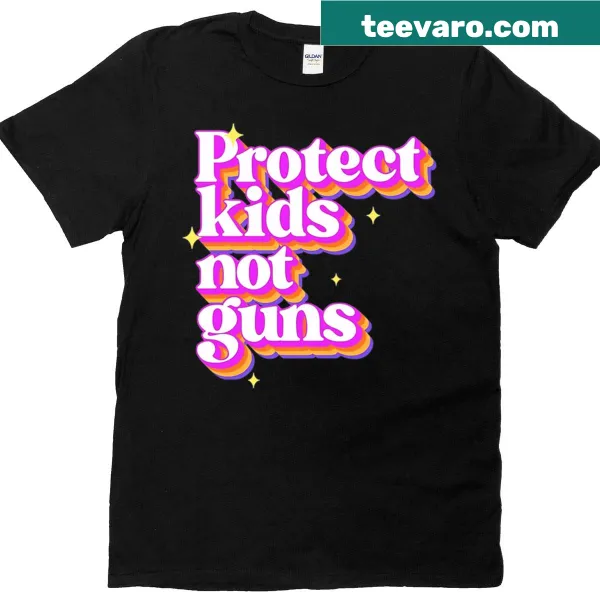 Retro T-shirt with 'Protect Kids Not Guns' slogan and star graphics