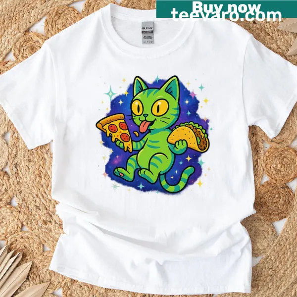 Whimsical space cat graphic with tacos and pizza