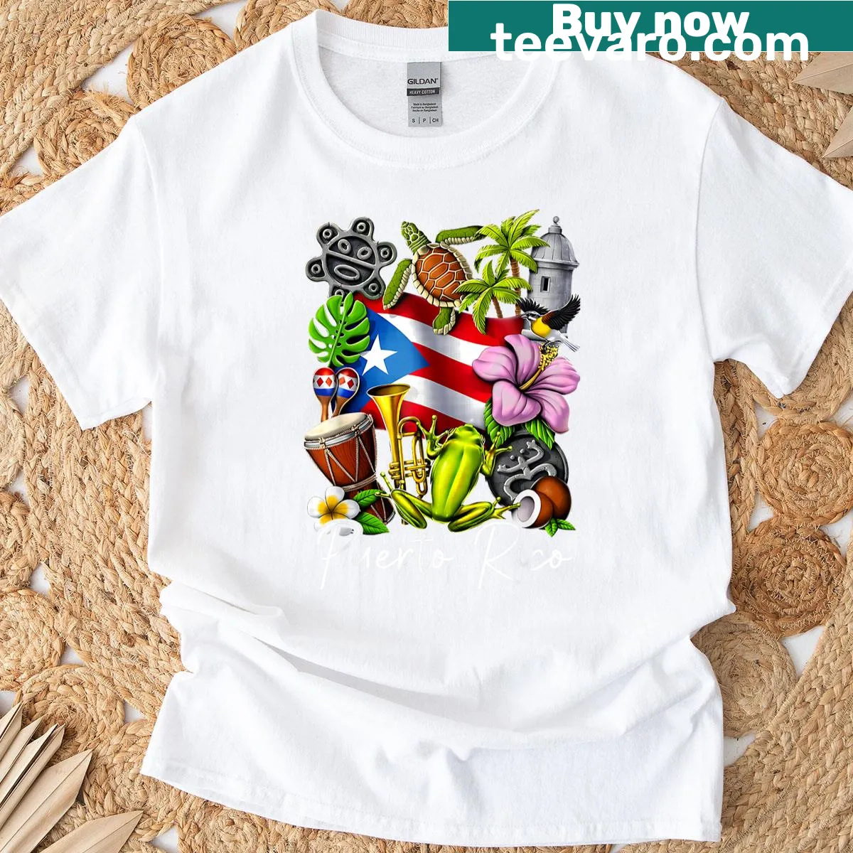 Floral frog graphic with Puerto Rico flag elements — on a men's t-shirt