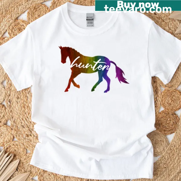 Vibrant rainbow hunter horse graphic T-shirt