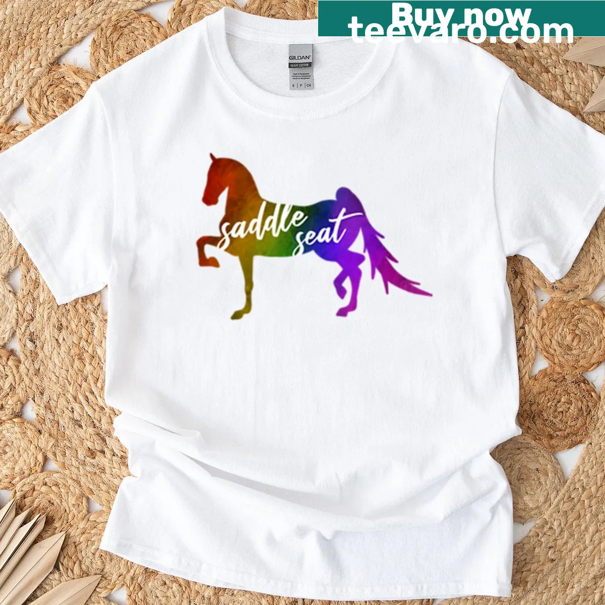 Vibrant rainbow saddle seat horse graphic T-shirt — on a men's t-shirt