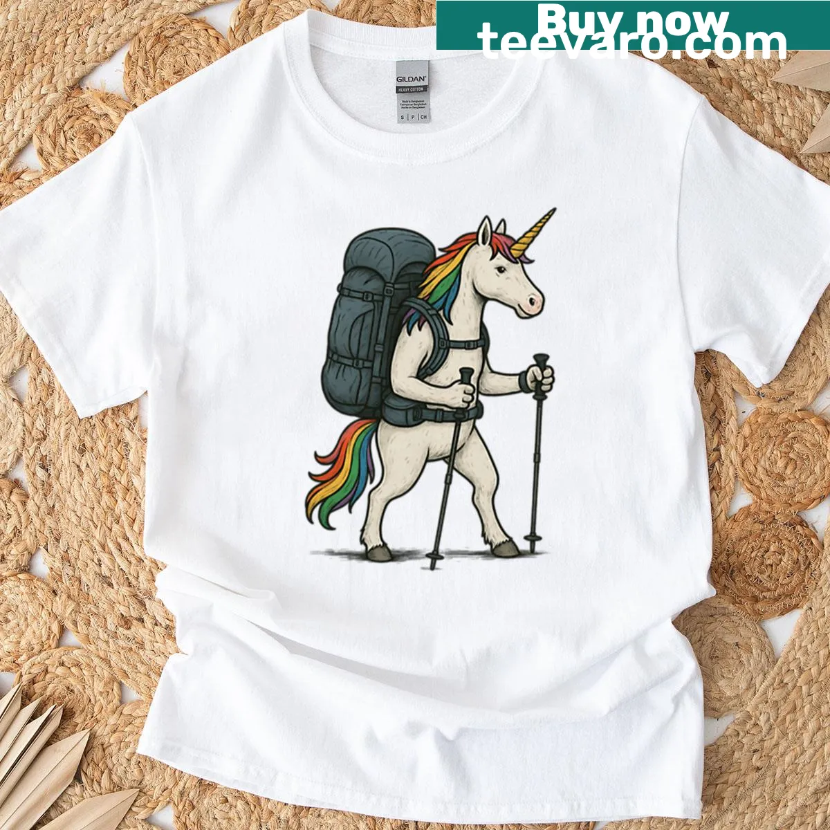Playful unicorn hiking graphic on a T-shirt — on a men's t-shirt