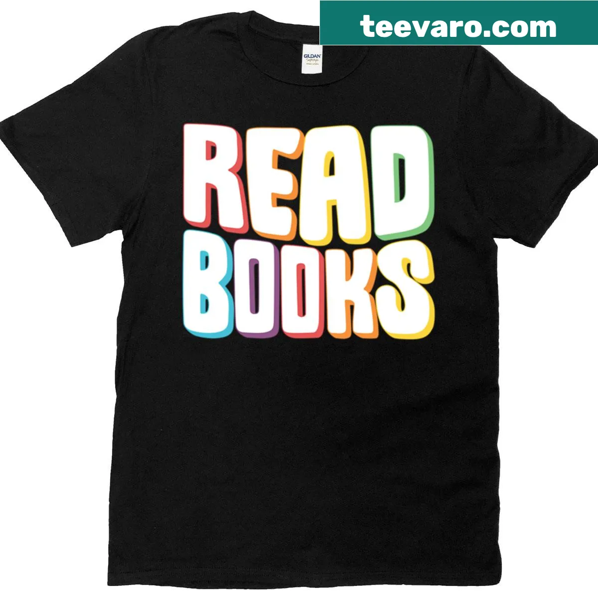 Inspirational T-shirt featuring the phrase about reading with rainbow shadow — on a men's t-shirt