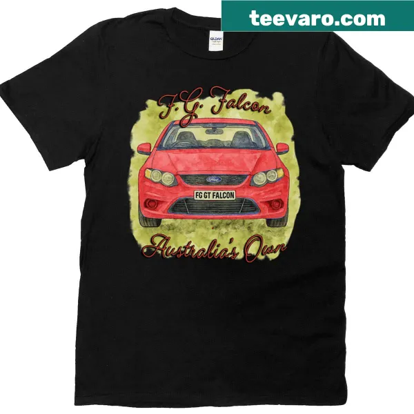 T-shirt featuring a graphic of the Red FG Falcon muscle car
