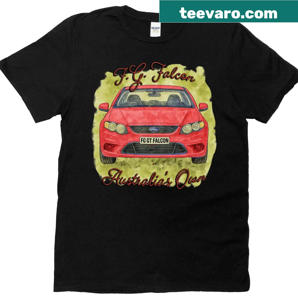 T-shirt featuring a graphic of the Red FG Falcon muscle car — on a men's t-shirt
