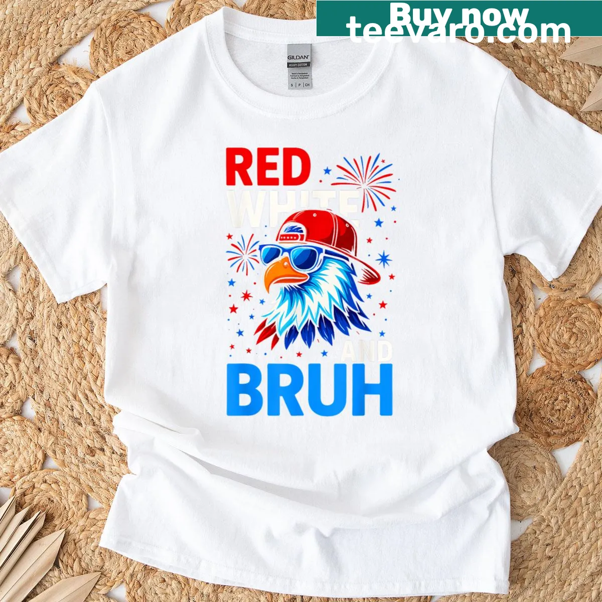 Patriotic t-shirt with the humorous phrase 'Red White And Bruh' — on a men's t-shirt