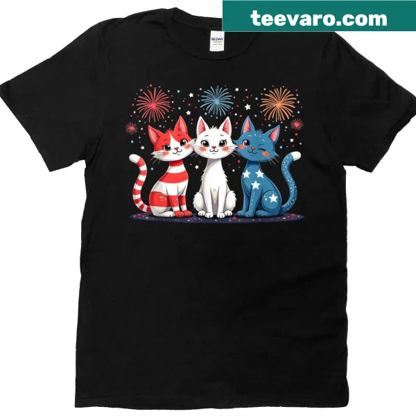 T-shirt with cats, USA flag, and fireworks for July 4th