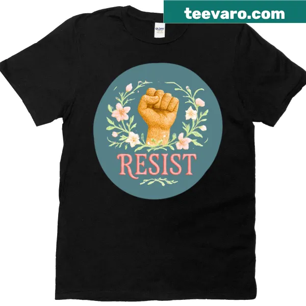 T-shirt with embroidered fist design highlighting art and activism
