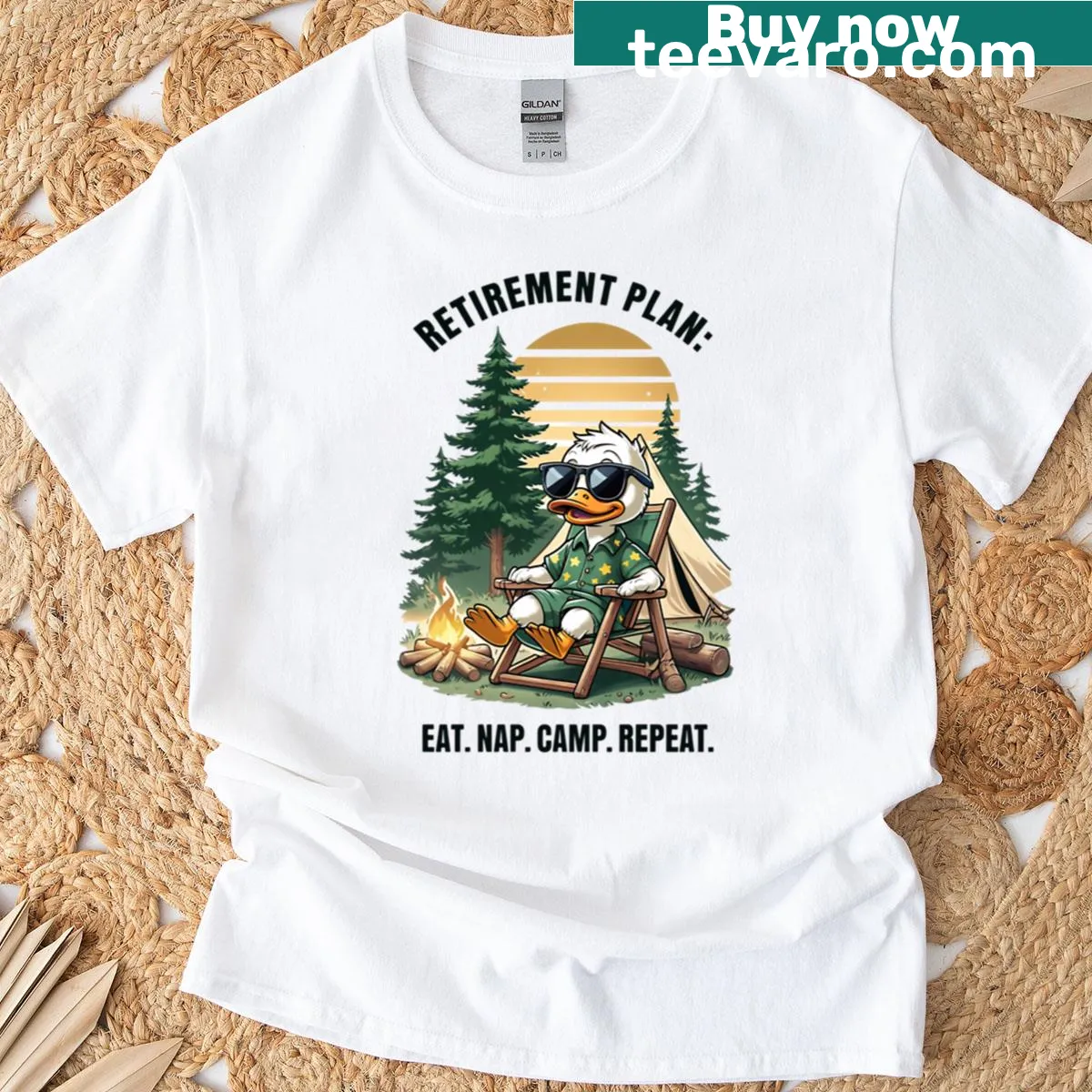 Funny camping t-shirt with a duck and 'Eat Nap Camp Repeat' quote — on a men's t-shirt