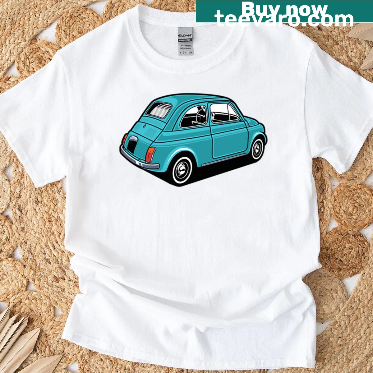 Retro T-shirt featuring a vintage tiny Italian car design — on a men's t-shirt