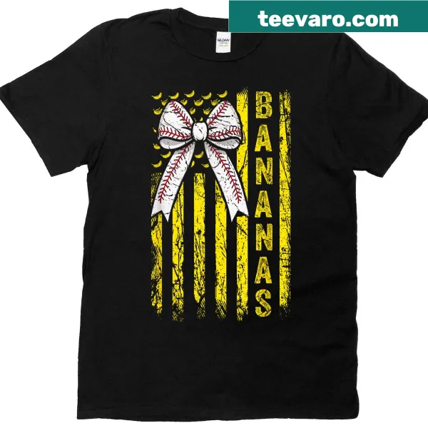 Vintage-style T-shirt with retro bananas and a coquette bow for women