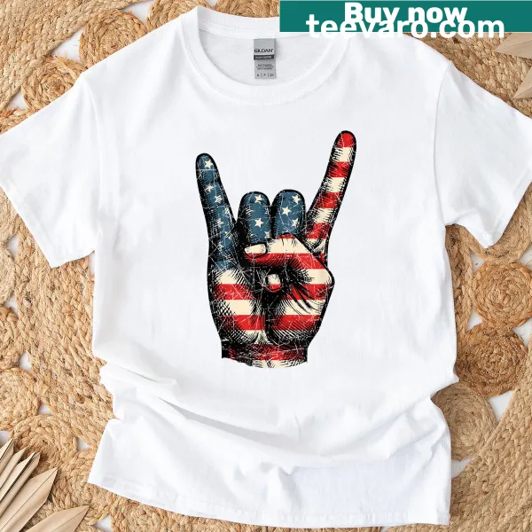 T-shirt featuring a rock sign illustration with the American flag