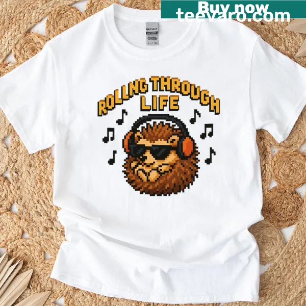 Pixel art hedgehog graphic surrounded by music notes